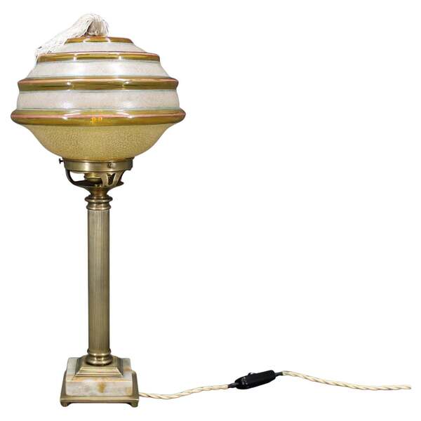 1940s Restored Brass Table Lamp With Marble Base And Glass Shade