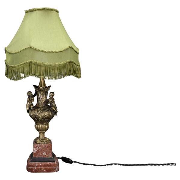 1940s Restored Brass And Marble Table Lamp With Fabric Shade