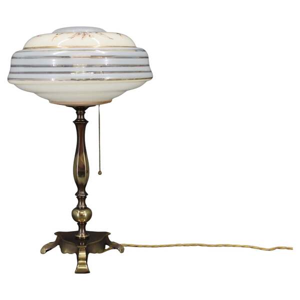 1940s Restored Brass Table Lamp With Glass Shade