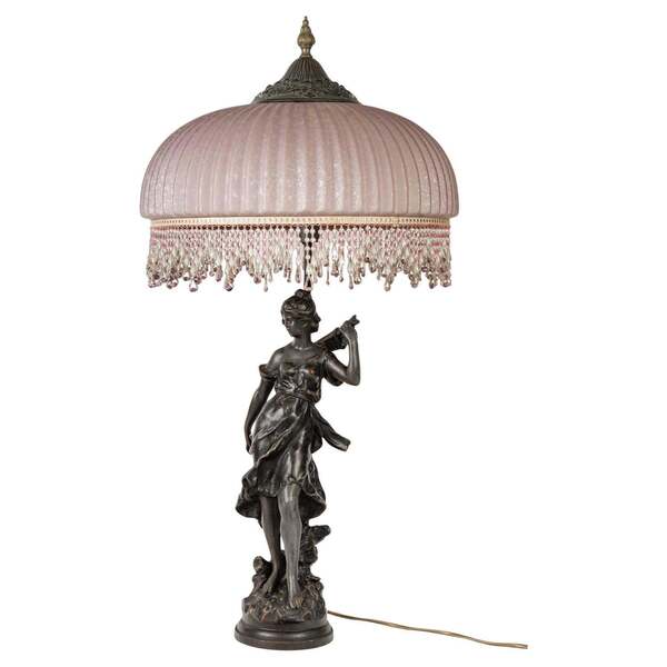 Art Nouveau Style Lamp, Bronze Sculpture, And Glass Shade.