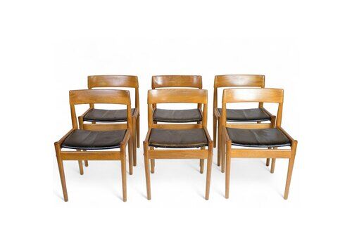 Set Of 6 Dining Chairs   Model P H 3 2   Teak And Black Leather   Grete Jalk   P. Jeppesen   1960s