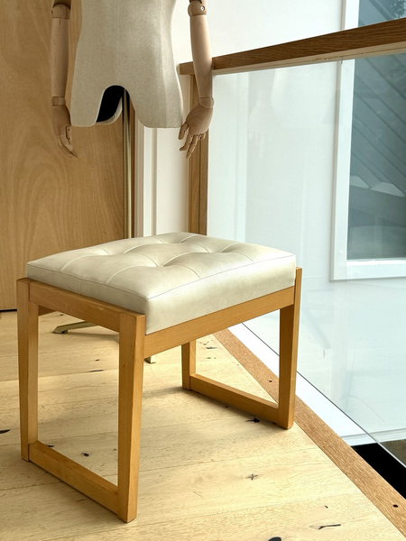 Retro Mid Century Dressing Table Stool Button Detail Ivory Vinyl On Beech Frame