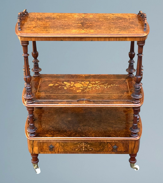 Victorian Inlaid Burr Walnut Whatnot / Canterbury