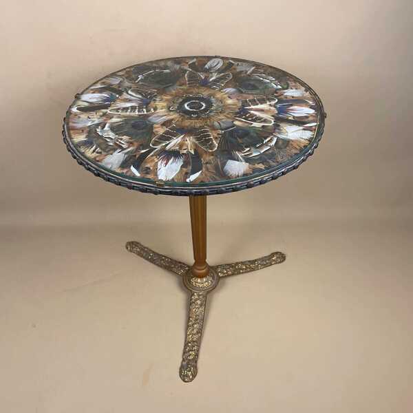 Vintage Round End Table Assorted Feathers Under Glass Top Brass Legs Circle Coffee Plant Stand Unusual Unique Interesting Bird Feathers
