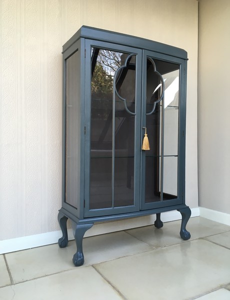 Stunning Hand Painted Grey Antique Gin Cabinet Display Cabinet Vintage Glass Cabinet Art Deco Cabinet Yellow Pigeon Bespoke Furniture Vinterior