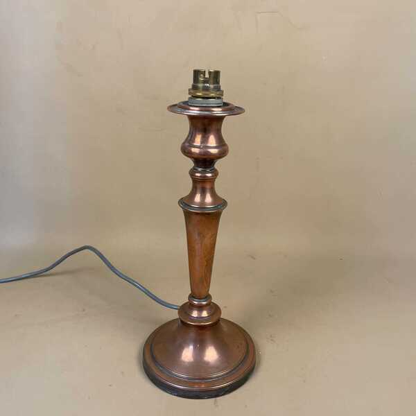 Antique Vintage Copper Table Lamp Side Light Medium Metal Bedside Engraved Patterned Edge Round Base