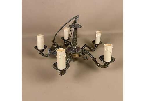 Antique Ceiling Light Gold Brass Metal Chandelier Vintage Classic Pendent Ornate Hanging Chain 5 Arms Candle Tops Patterned Hanging