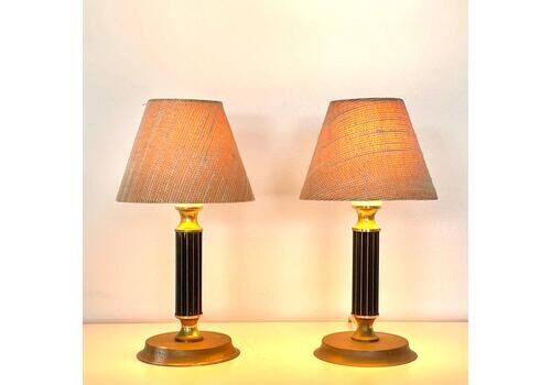 Mejlstrøm Vintage Pair Of Danish Mid Century Table Lamps In Brass With Elegant Black Design Details And Beige Fabric Shades