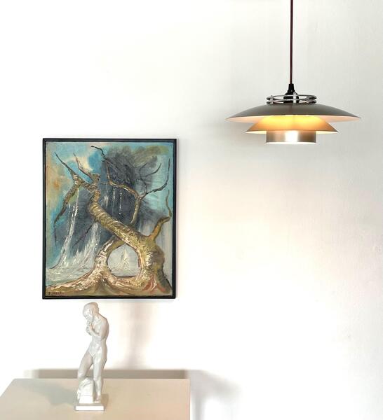 Danish Postmodern Vintage 1980s Design Minimalist Ceiling Lamp In Grey Metal With Multilayer Shades And Silver Details photo furniture