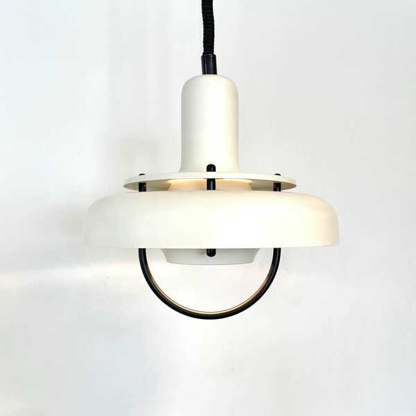 Postmodern Danish Vintage Design Ceiling Lamp In White Metal With Multilayer Shade And Cool Black Details