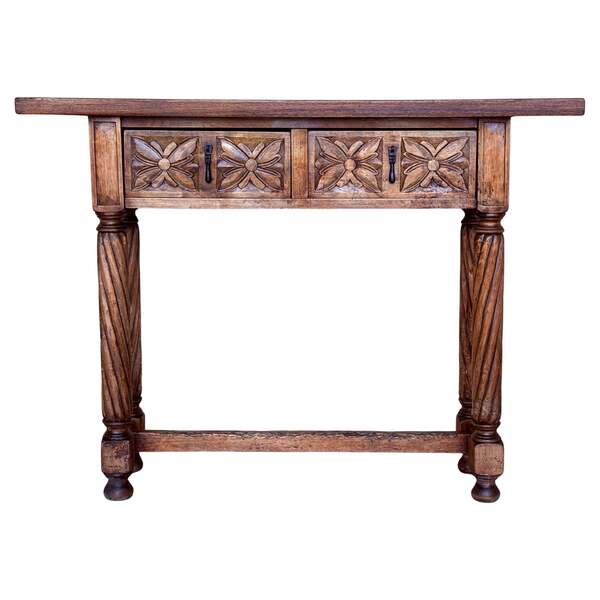 Narrow Catalan Carved Walnut Console From The Early 20th Century With Two Drawers
