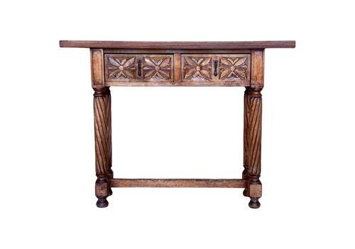 Narrow Catalan Carved Walnut Console From The Early 20th Century With Two Drawers