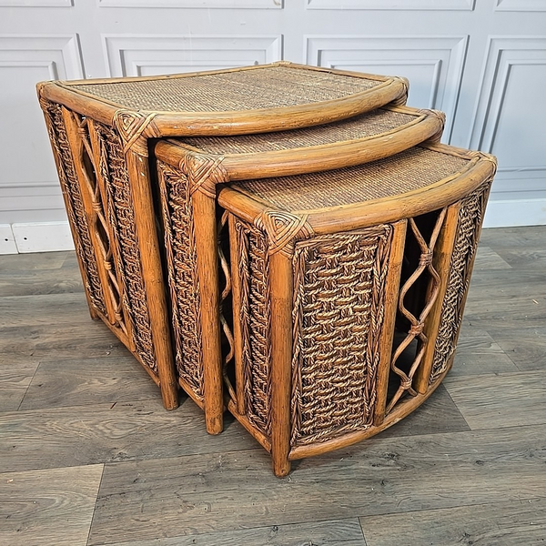 Vintage Retro Rattan Nest Of Tables Boho Mid Century Style Cane Side Nested