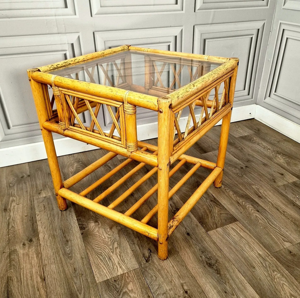Vintage Square Coffee Table Bamboo Rattan Wicker Glass Top Boho? Tiki? Retro