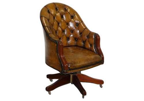 Antique Deep Buttoned Chesterfield Georgian Style Hand Dyed Leather Desk Chair