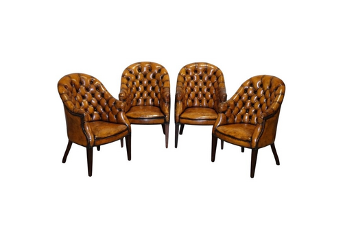 Set Of Four English Chesterfield Hand Dyed Leather Office Library Tub Chairs