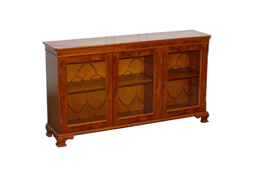Vintage Yew Wood Glazed Bookcase Sideboard Triple Door Display Cabinet
