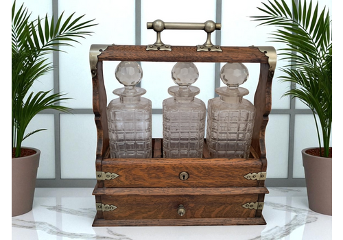 Antique Locking Tantalus + Three Decanters Oak & Brass Victorian Decanter Caddy