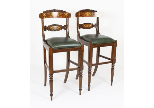 Bespoke Pair Walnut Marquetry Leather Bar Stools