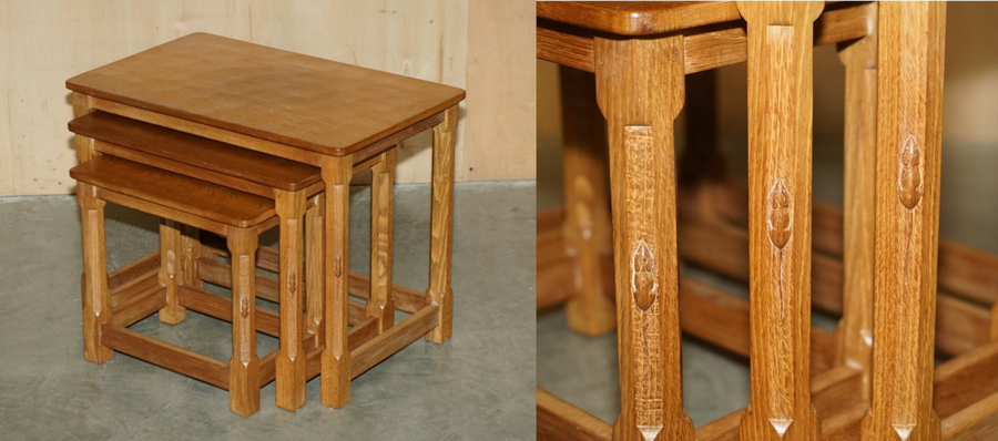 Stunning 1970's Robert Mouseman Thompson Nest Of Small Burr Oak Side End Tables