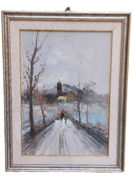 Oil Painting On Canvas Glimpse With Characters 50x70 Cm 60s 70s Signed