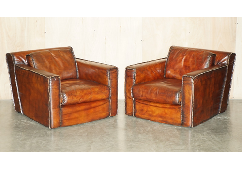 Luxurious Pair Of Art Deco Fully Restored Whisky Brown Leather Club Armchairs
