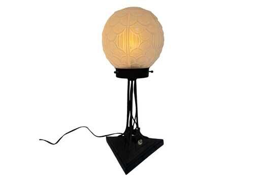 Art Deco   Table Lamp   Satin Glass Dome Resting On Wrought Iron Base   France   Ca. 1930
