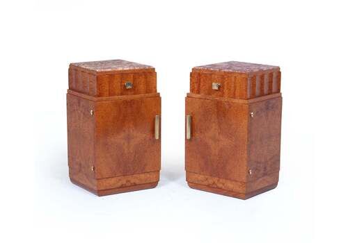 Pair Of Art Deco Bedside Cabinets In Amboyna & Marble, French, 1930s