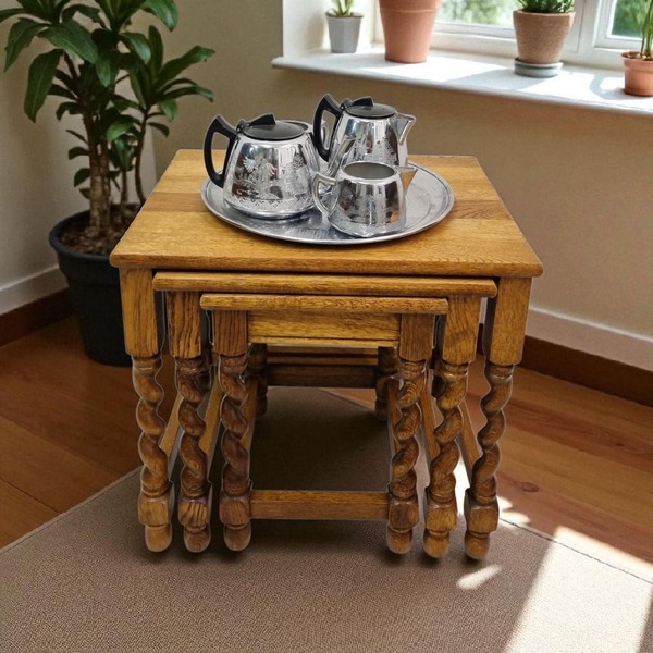 Vintage Oak Nest Of 3 Tables / Twisted Legs / Light Oak / C1960