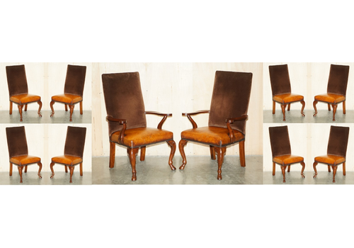 Ten Restored Ralph Lauren Brown Leather & Velvet High Back Dining Chairs 10