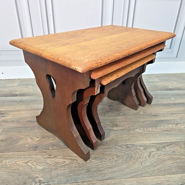 Retro Vintage Solid Wood Nest Of 3 Tables In Dark Finish Wooden Oak? Elm?