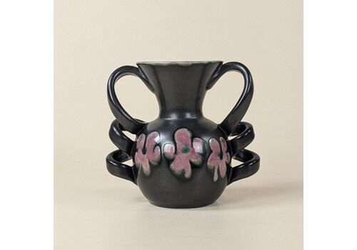Mid Century Modern German Ceramic Vase Matte Black Pink Green Floral Design Four Handles Sculptural Form Retro Ceramic Table Decor
