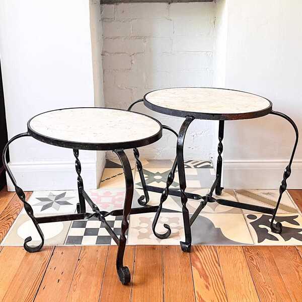 A Pair Of Vintage Wrought Iron Side Tables With Marble Tops