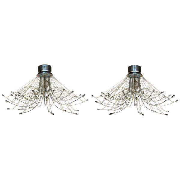 Pair Of Monumental Italian Chrome Chandelier Or Ceiling Lamp By Aureliano Toso