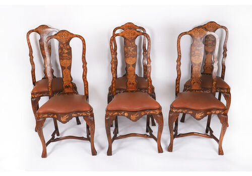 Antique Set 6 Dutch Marquetry Walnut High Back Dining Chairs Late 18th C