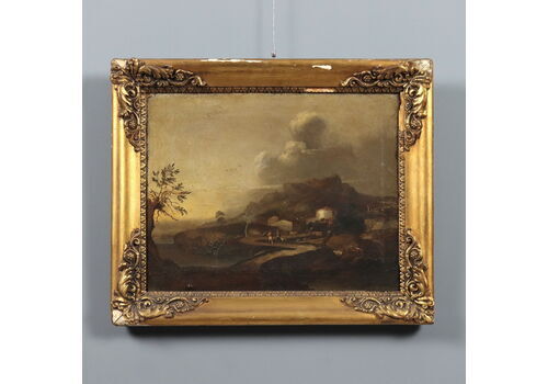 Landscape With Figures Antique Painting Oil On Canvas XVIII Century