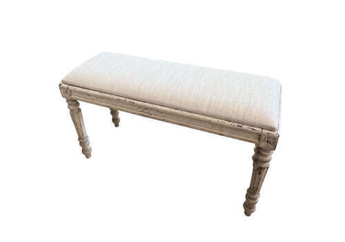 French Upholstered Bench, Cream Linen, Circa 1900