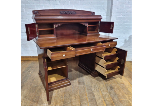 Antique Carved 2 Tier Danish Hansen Pedestal Kneehole Writing Desk