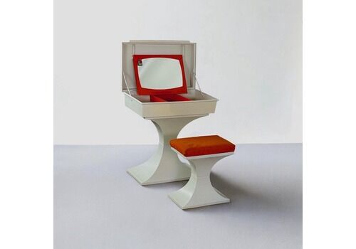 Space Age Vanity Set By Flair Holland, 1970s   White Plastic & Orange Stool   Rare Retro Design Complete With Mirror And Tray