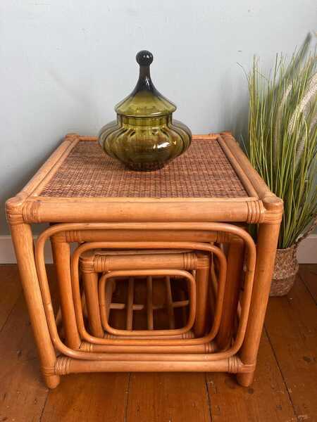 Vintage Bamboo And Rattan Nest Of Three Tables