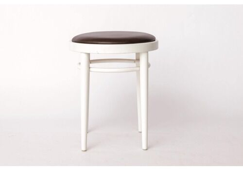 Vintage Thonet Stool – White Lacquered Wood & Brown Leather – 1990s 2000s