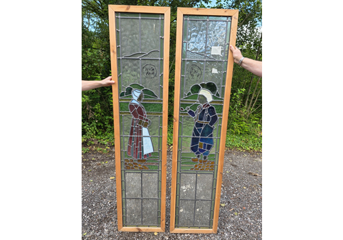 1930 Antique Leaded Glass Window With Dutch Boy And Girl Design