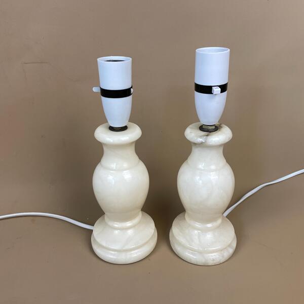 Pair Of 2 Antique Onyx Marble Lamps Lights Bedside Side Table Desk Marbled Patterned Vintage Pattern Stone Cream Bedside Lamp Light Classic