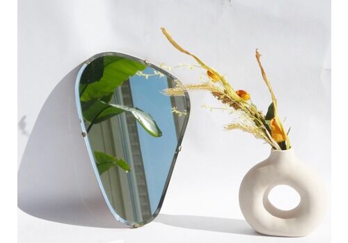 Mid Century Asymmetrical Small Frameless Mirror, Vintage Wall Mirror With Beveled Glass, Art Deco Mirror