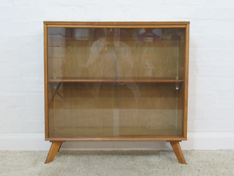 Vintage Oak Veneered Small Glazed Bookcase With Glass Sliding Vintage Oak Veneered Small Glazed