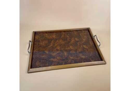 Antique Wooden Tray Patterned Glass Top Detail Rectangle Wood Original Pattern Metal Handles Traditional Display Decorative Swirly Vintage