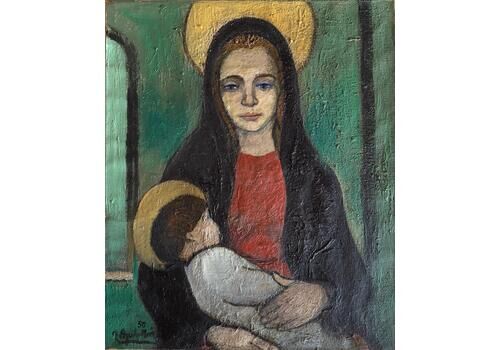 Ramón Aguilar Moré Virgin Mary And Child Jesus Oil On Canvas Painting 1950