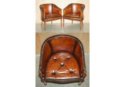 Pair Of Hand Dyed Brown Leather Davenport Barrel Back Chesterfield Armchairs