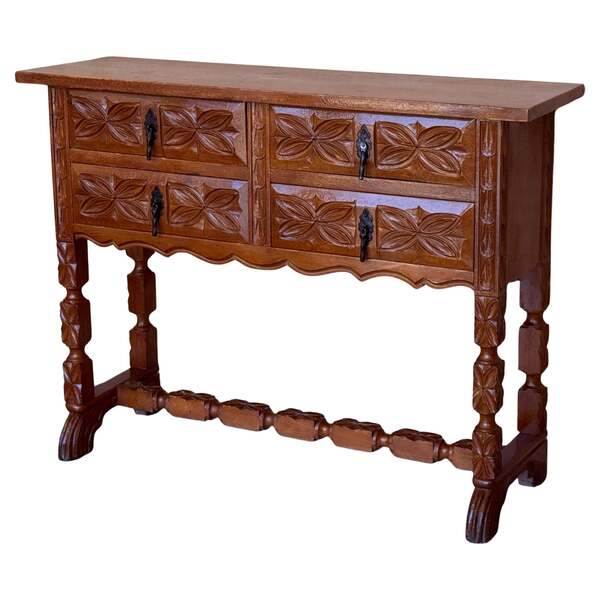 19th Century Catalan Spanish Carved Walnut Console Sofa Table, Four Drawers