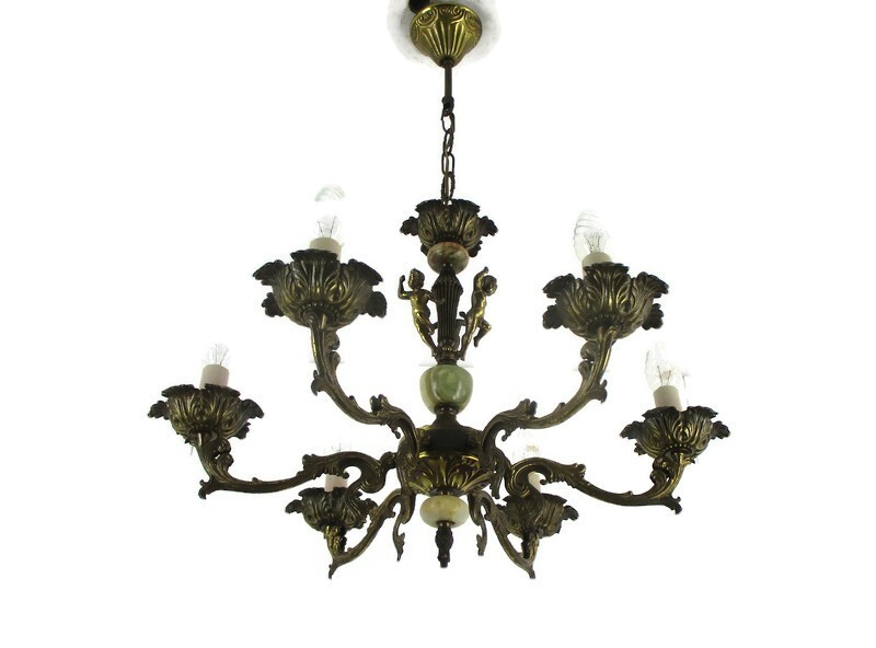 Chandelier 6 Lights Arms Putti Cherub Hollywood Regency Brass Marble Parts